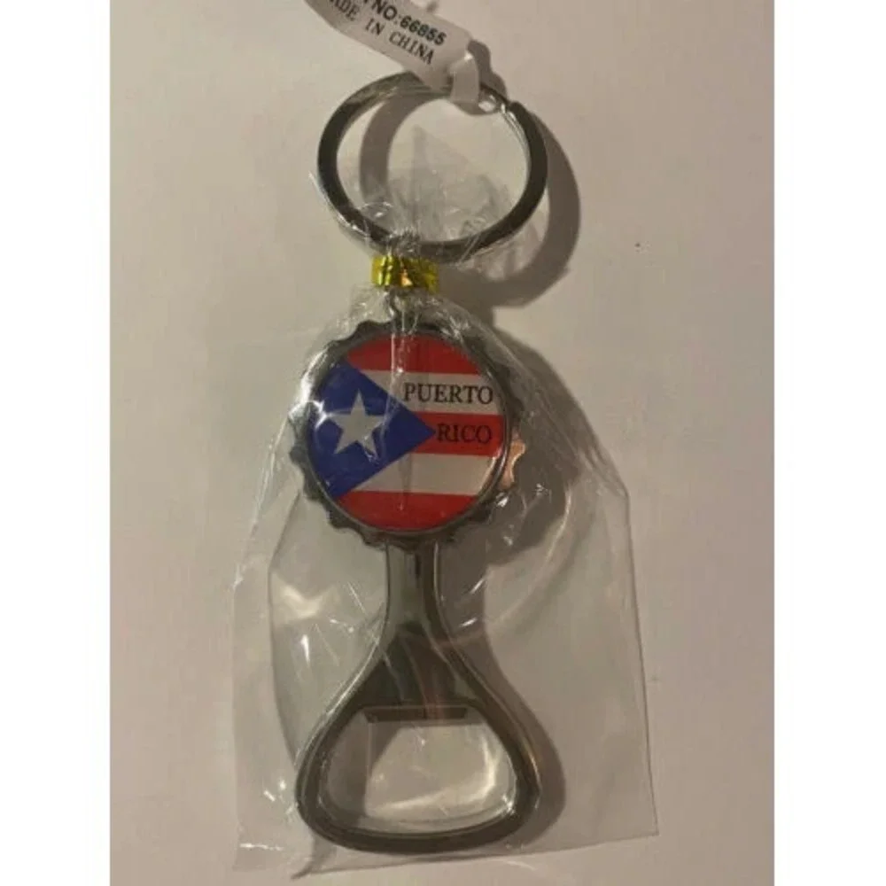 Puerto Rico Flag Bottle Opener Keychain Silver Tone Metal Souvenir Accessory
